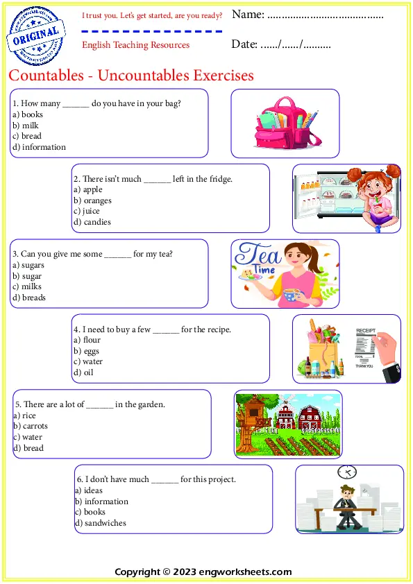 Free printable ESL Countables and Uncountables Exercises Worksheet Preview